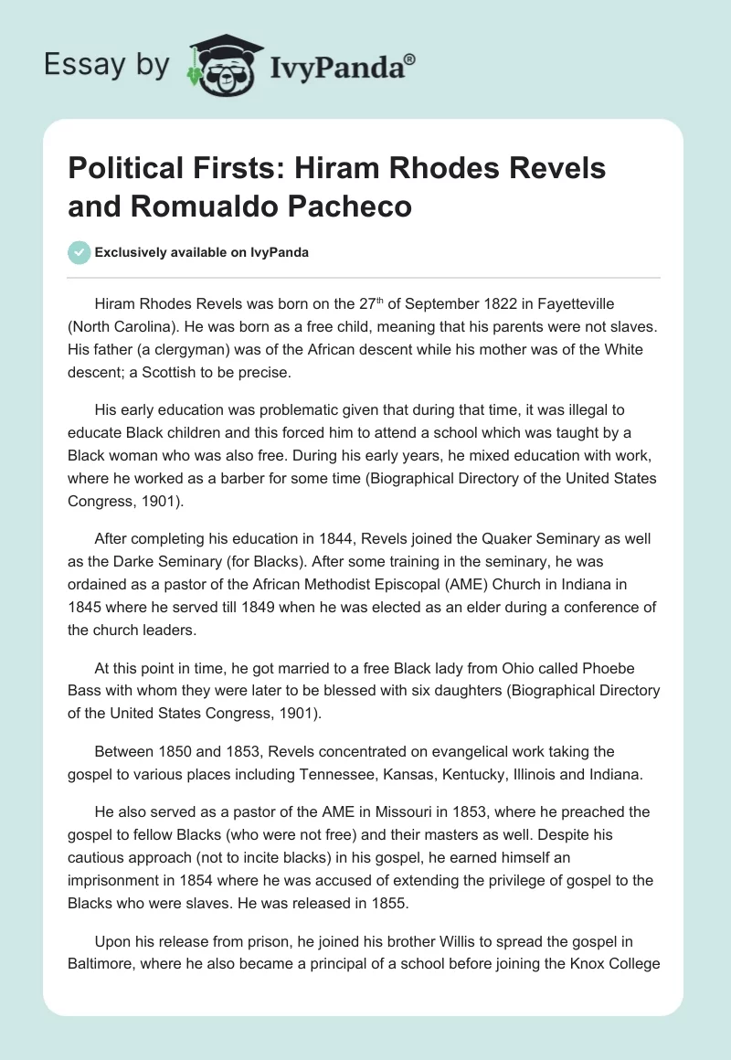 Political Firsts: Hiram Rhodes Revels and Romualdo Pacheco. Page 1