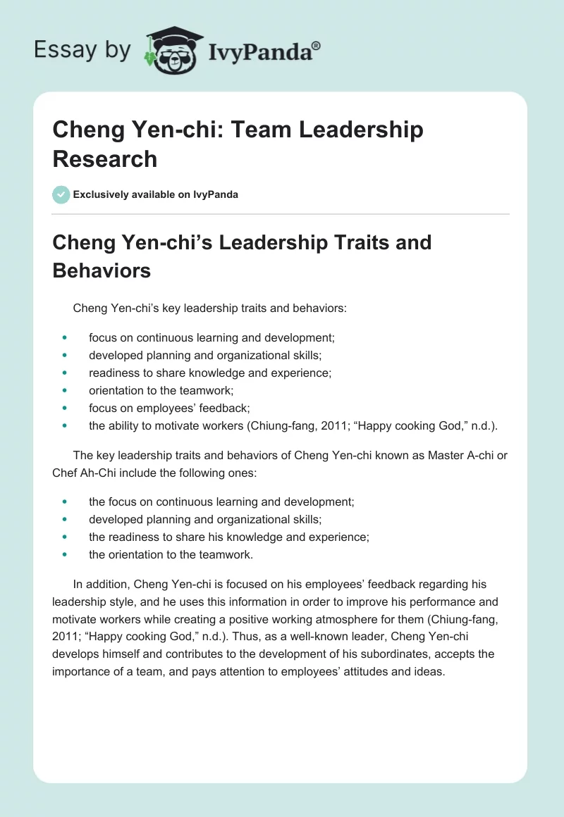 Cheng Yen-chi: Team Leadership Research. Page 1