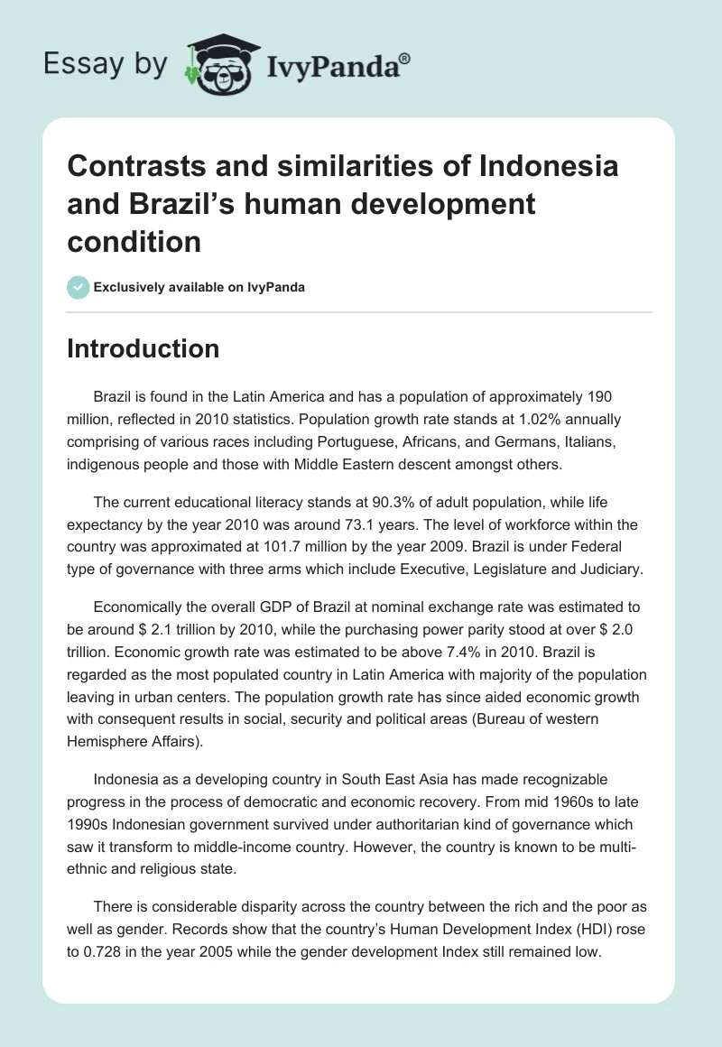Contrasts and similarities of Indonesia and Brazil’s human development condition. Page 1