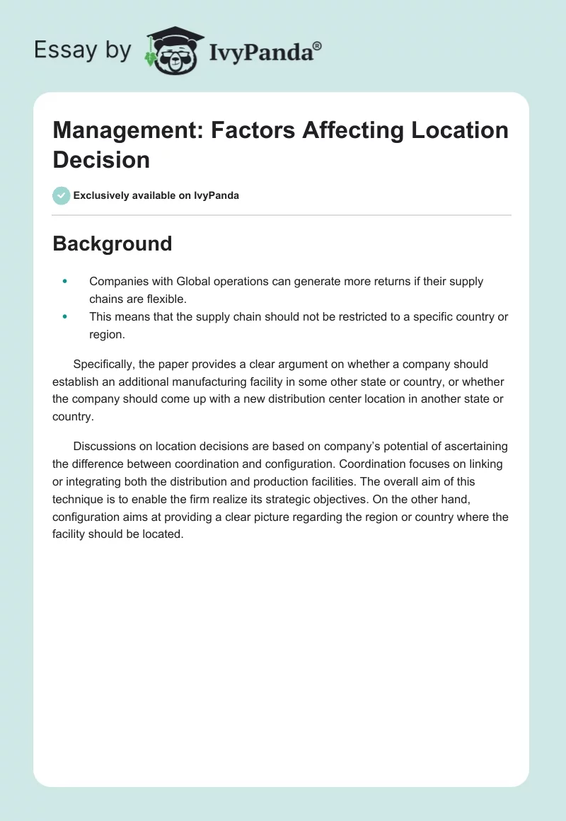 Management: Factors Affecting Location Decision. Page 1