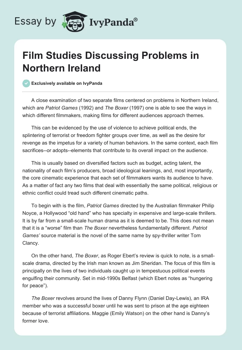Film Studies Discussing Problems in Northern Ireland. Page 1