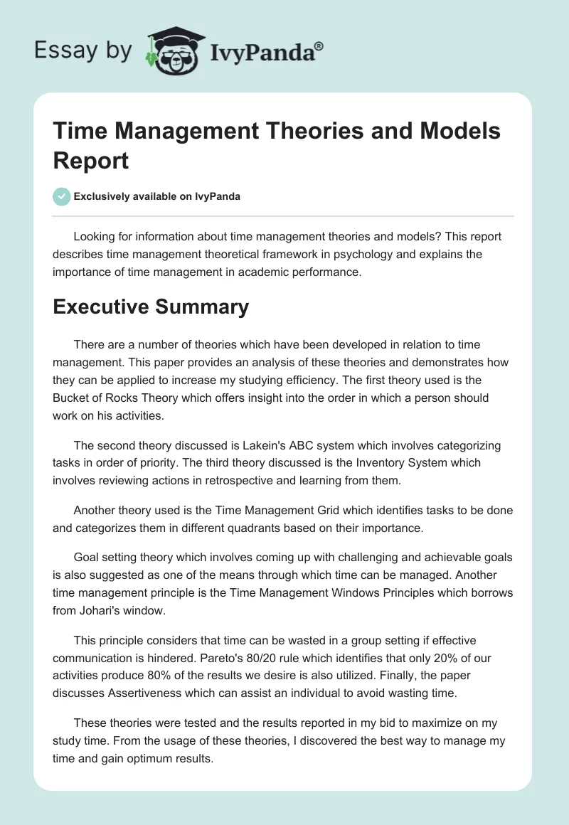 Time Management Theories and Models Report. Page 1