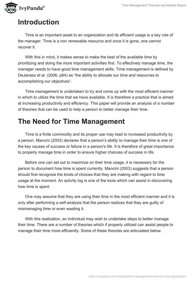 Time Management Theories and Models Report. Page 2