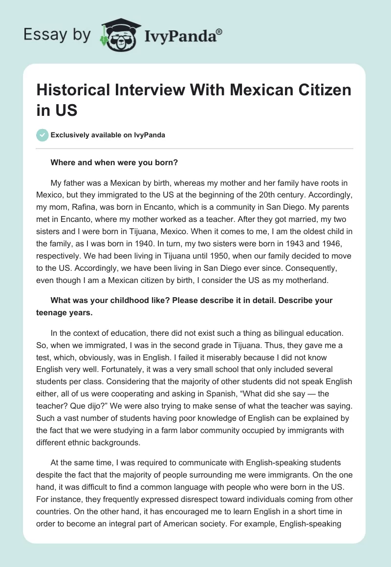 Historical Interview With Mexican Citizen in US. Page 1