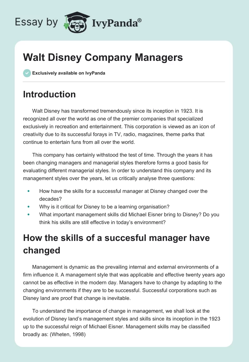Walt Disney Company Managers. Page 1