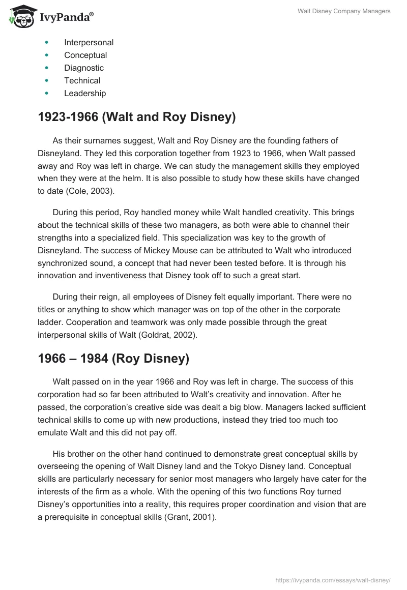 Walt Disney Company Managers. Page 2