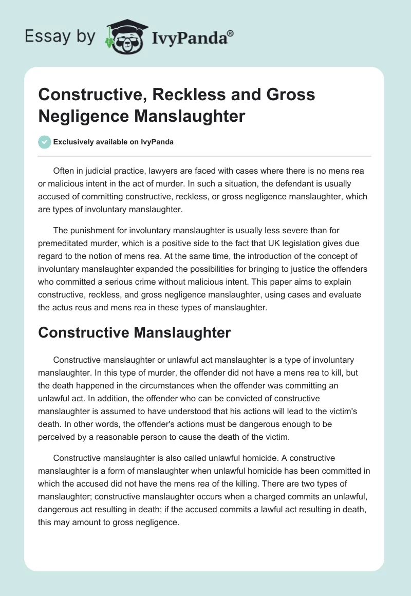 Constructive, Reckless and Gross Negligence Manslaughter. Page 1