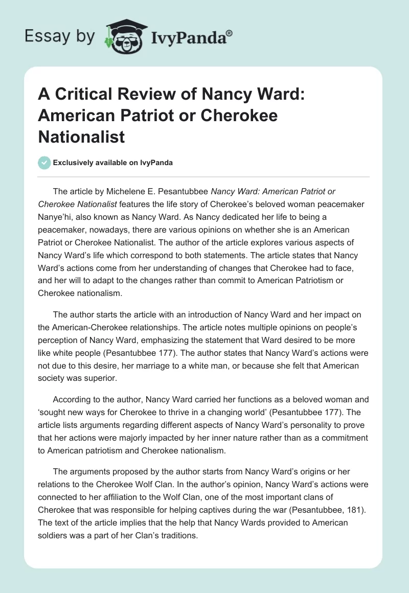 A Critical Review of Nancy Ward: American Patriot or Cherokee Nationalist. Page 1