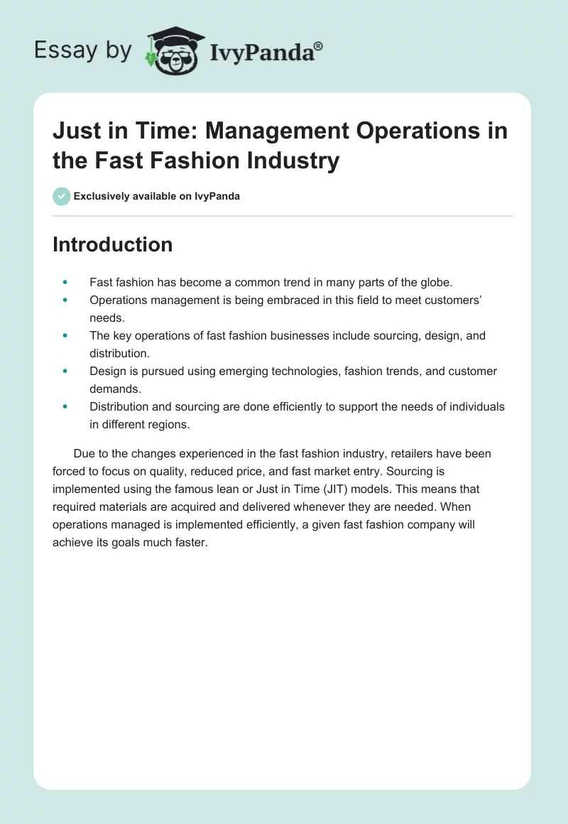 Just in Time: Management Operations in the Fast Fashion Industry. Page 1