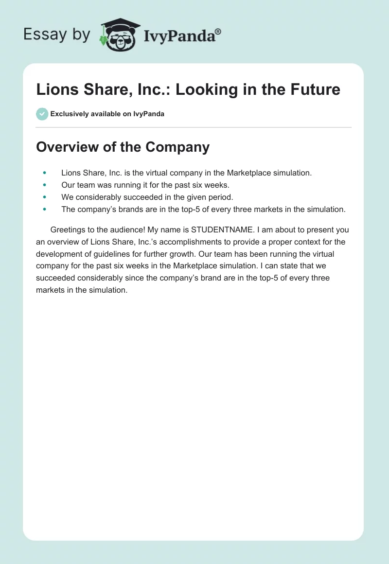 Lions Share, Inc.: Looking in the Future. Page 1