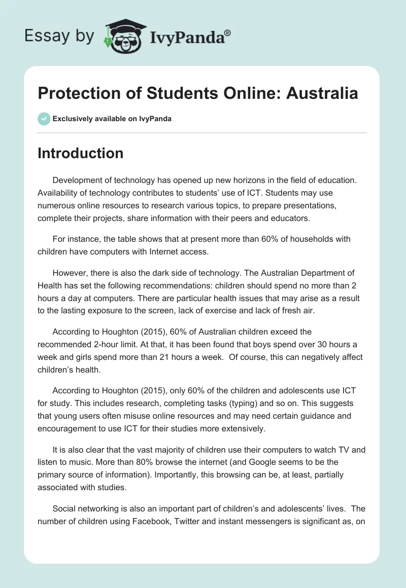 Protection of Students Online: Australia. Page 1