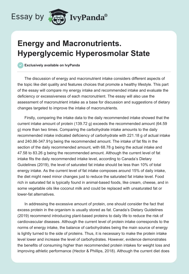 Energy and Macronutrients. Hyperglycemic Hyperosmolar State. Page 1