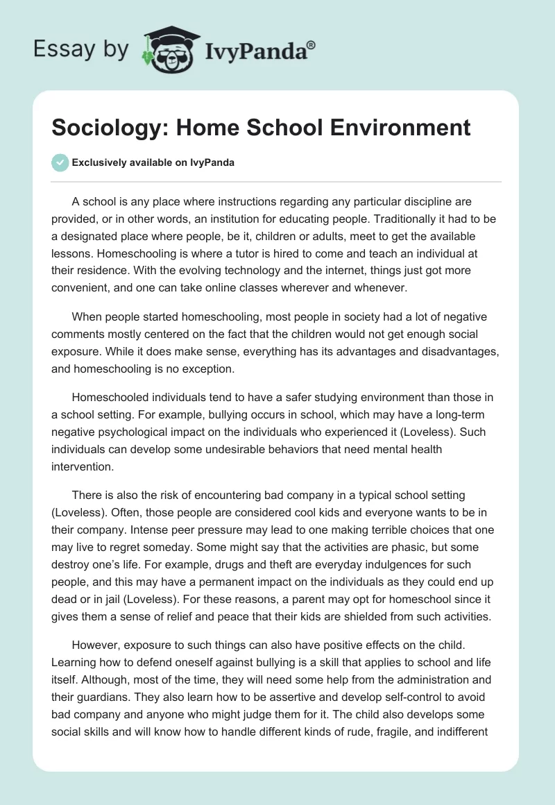 Sociology: Home School Environment. Page 1