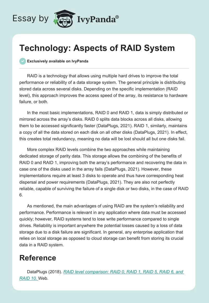 Technology: Aspects of RAID System. Page 1