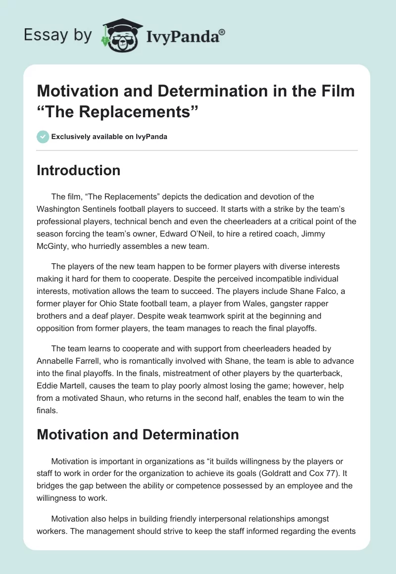 Motivation and Determination in the Film “The Replacements”. Page 1
