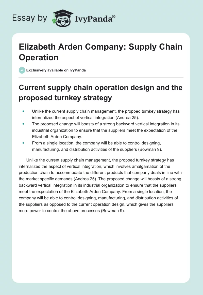 Elizabeth Arden Company: Supply Chain Operation. Page 1