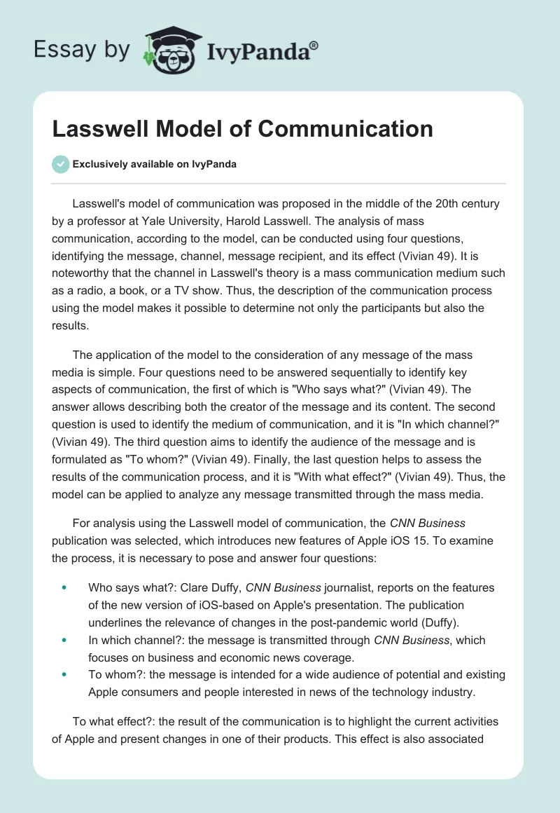 Lasswell Model of Communication. Page 1