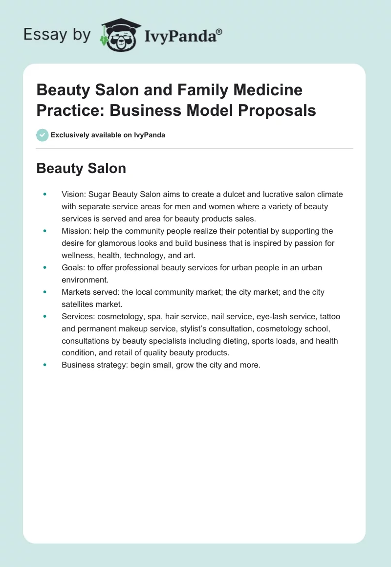 Beauty Salon and Family Medicine Practice: Business Model Proposals. Page 1