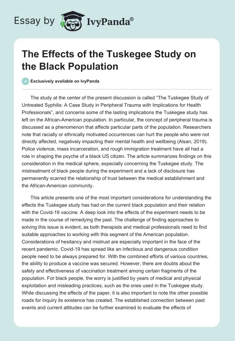 The Effects of the Tuskegee Study on the Black Population. Page 1