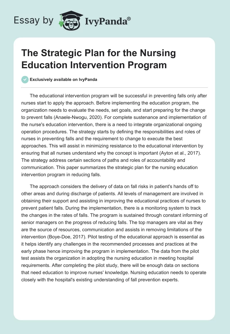 The Strategic Plan for the Nursing Education Intervention Program. Page 1