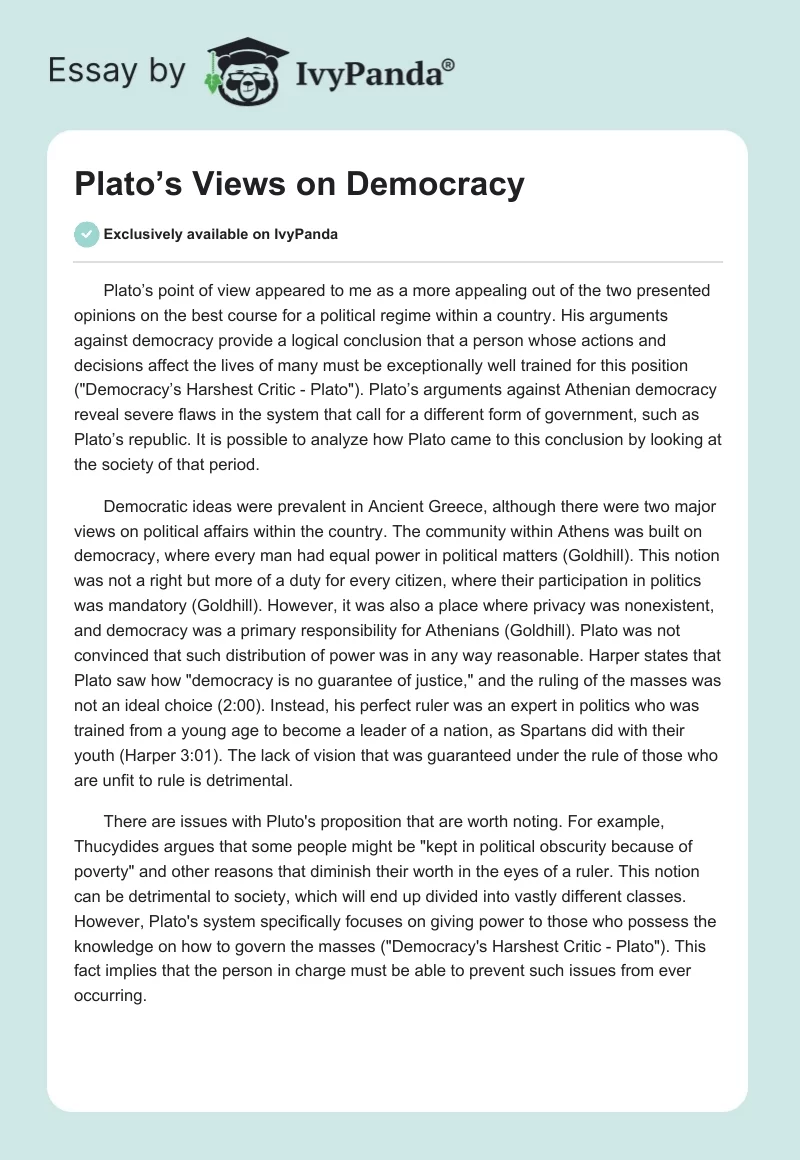Plato’s Views on Democracy. Page 1