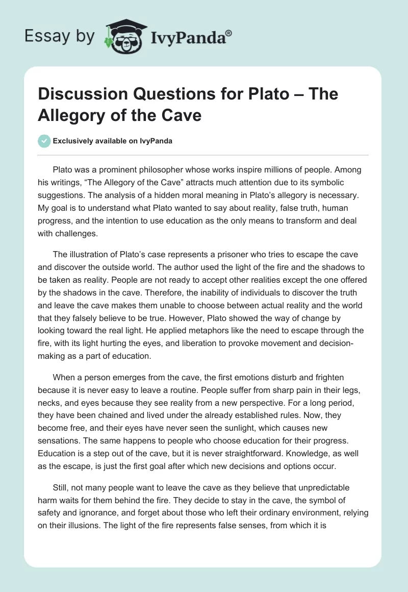 Discussion Questions for Plato – The Allegory of the Cave. Page 1