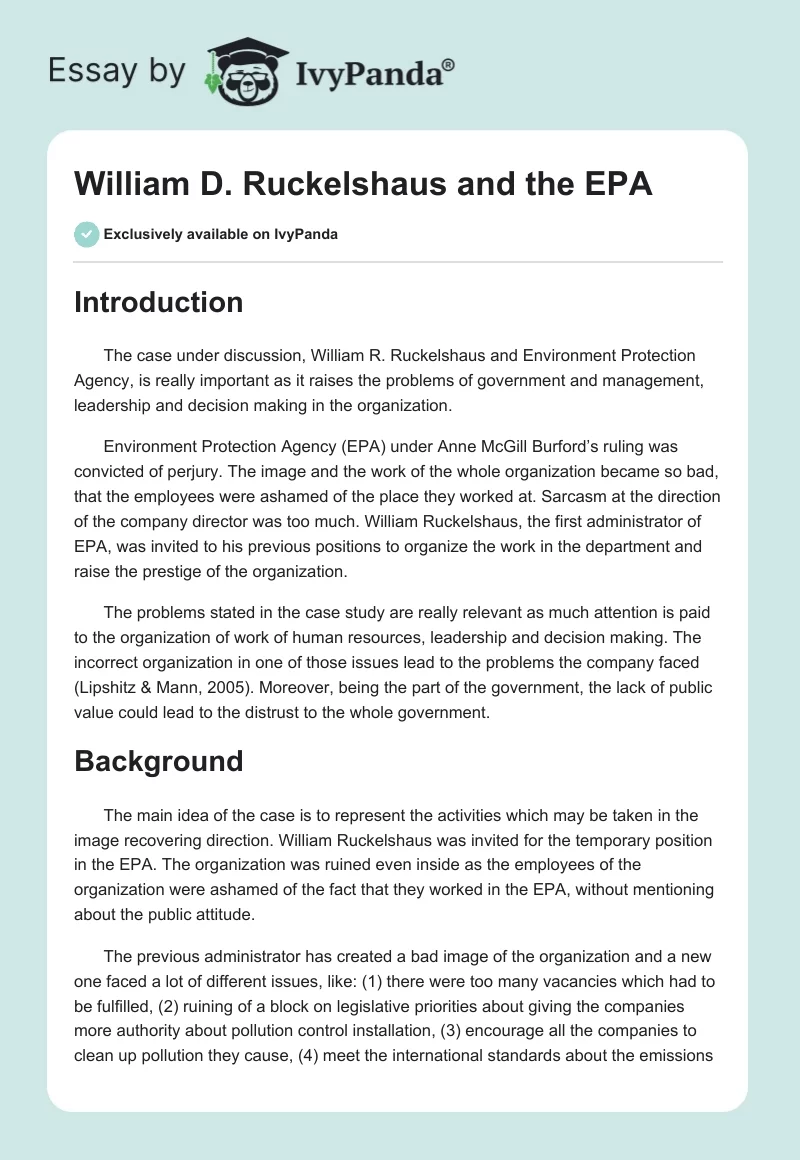 William D. Ruckelshaus and the EPA. Page 1