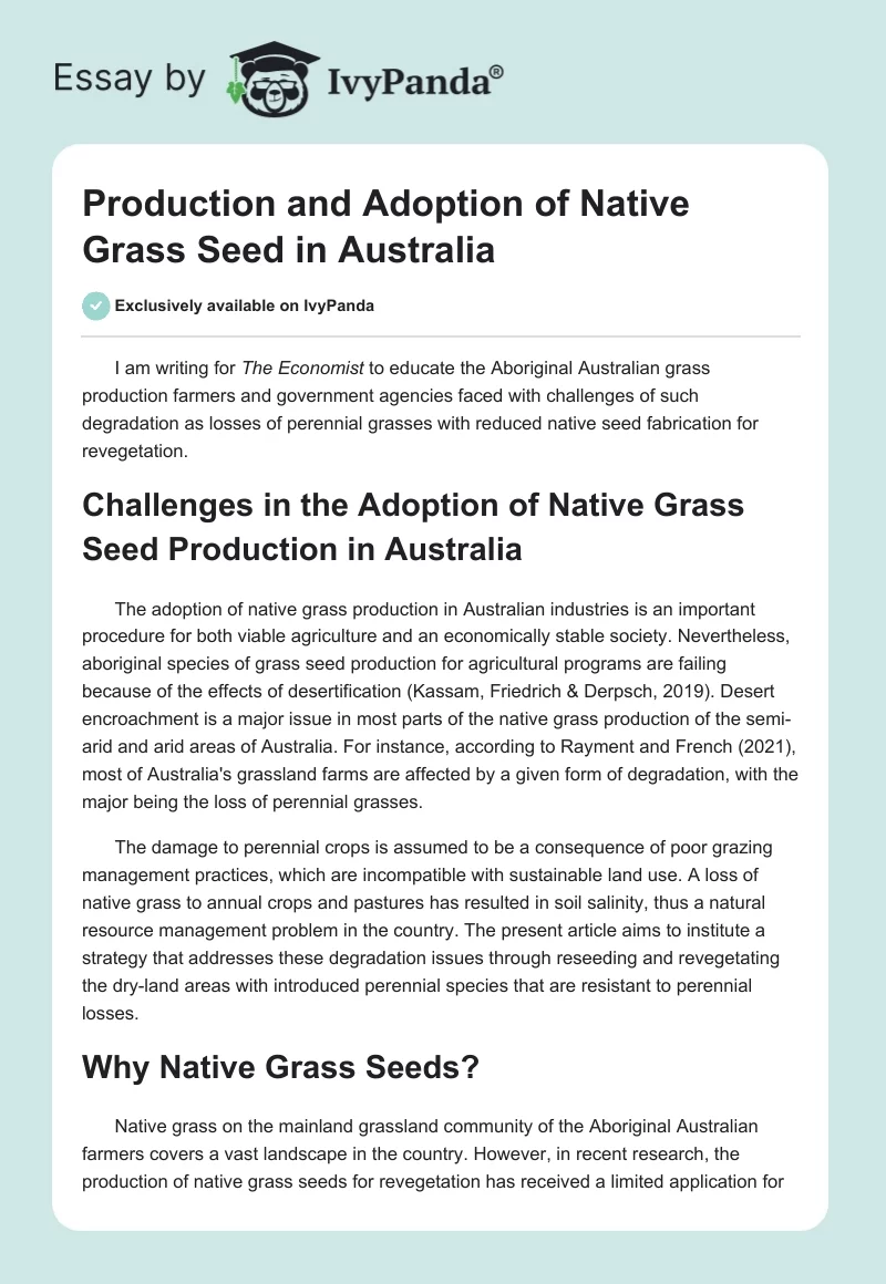 Production and Adoption of Native Grass Seed in Australia. Page 1