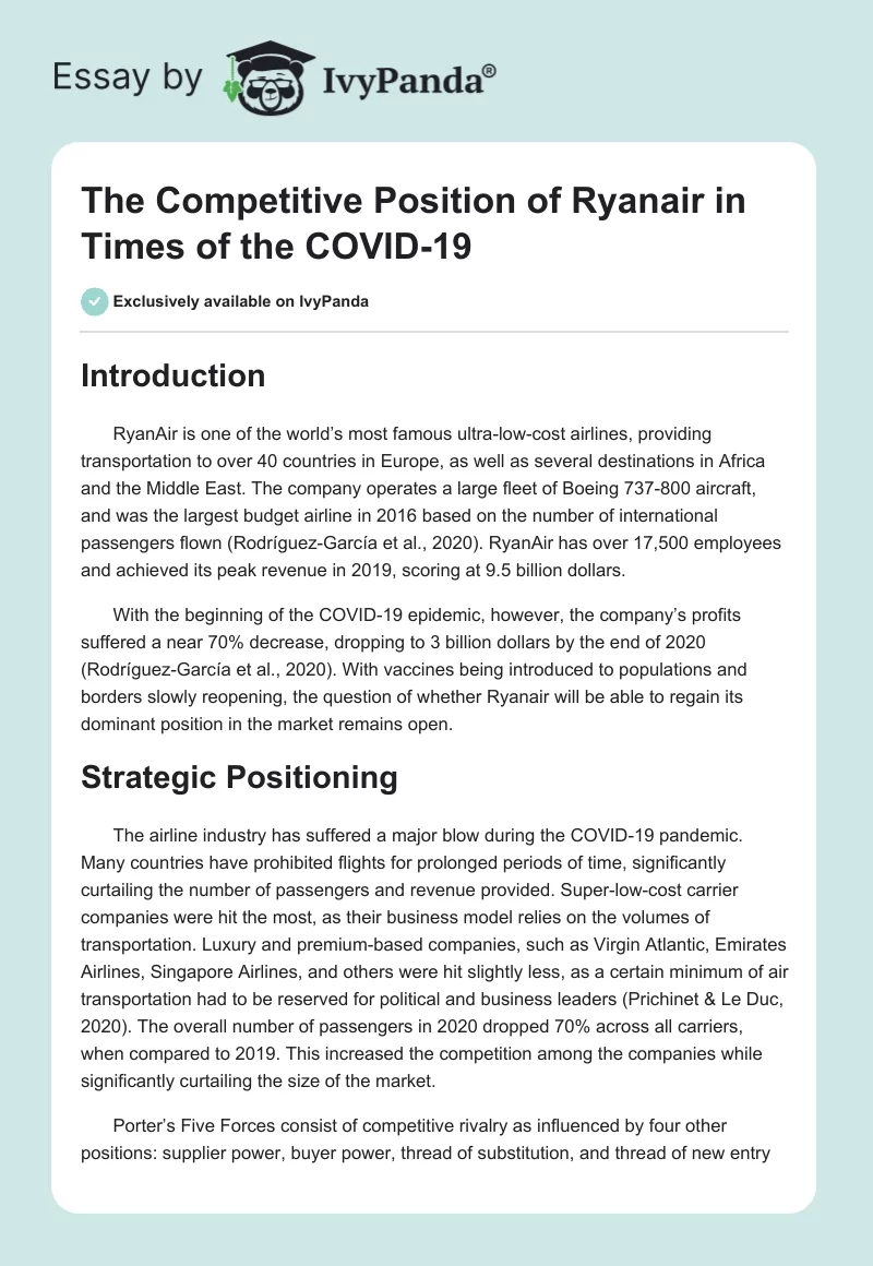 The Competitive Position of Ryanair in Times of the COVID-19. Page 1