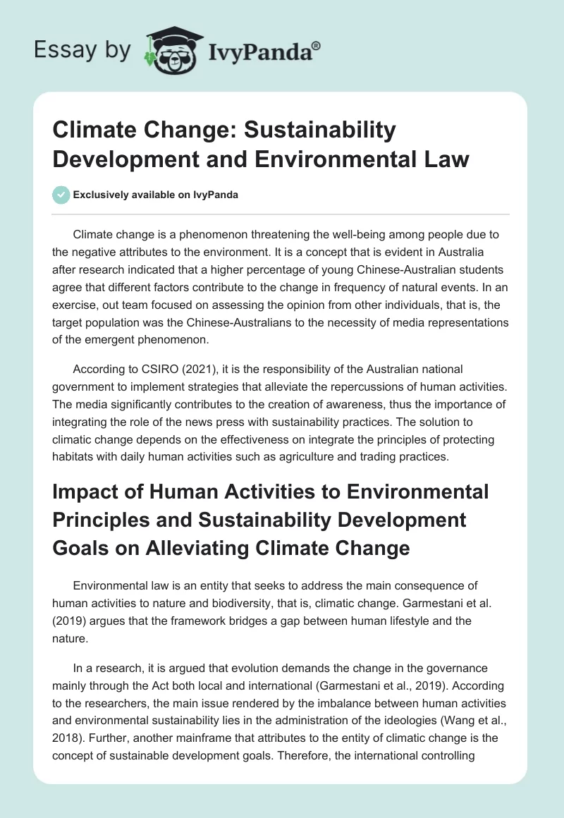 Climate Change: Sustainability Development and Environmental Law. Page 1