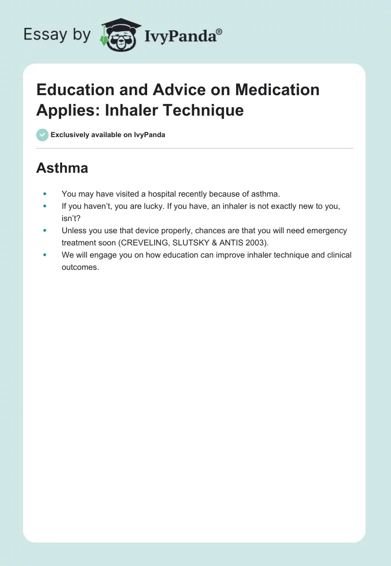 Education and Advice on Medication Applies: Inhaler Technique. Page 1