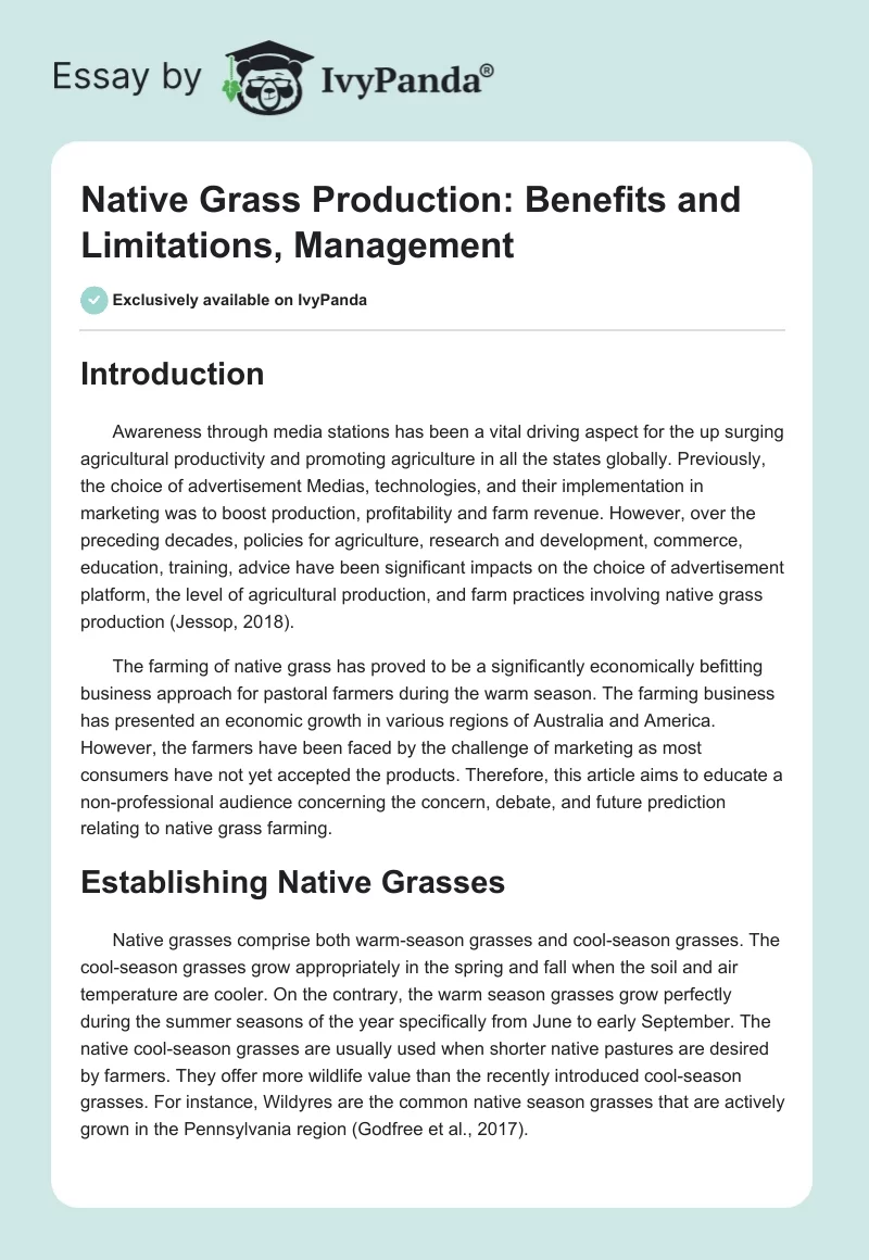 Native Grass Production: Benefits and Limitations, Management. Page 1