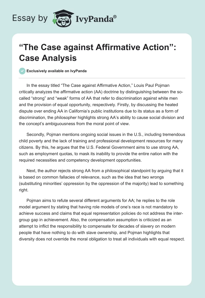 “The Case against Affirmative Action”: Case Analysis. Page 1