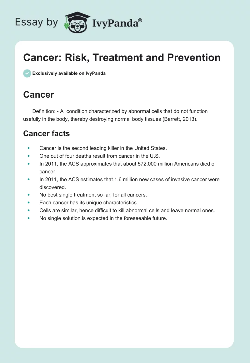 Cancer: Risk, Treatment and Prevention. Page 1