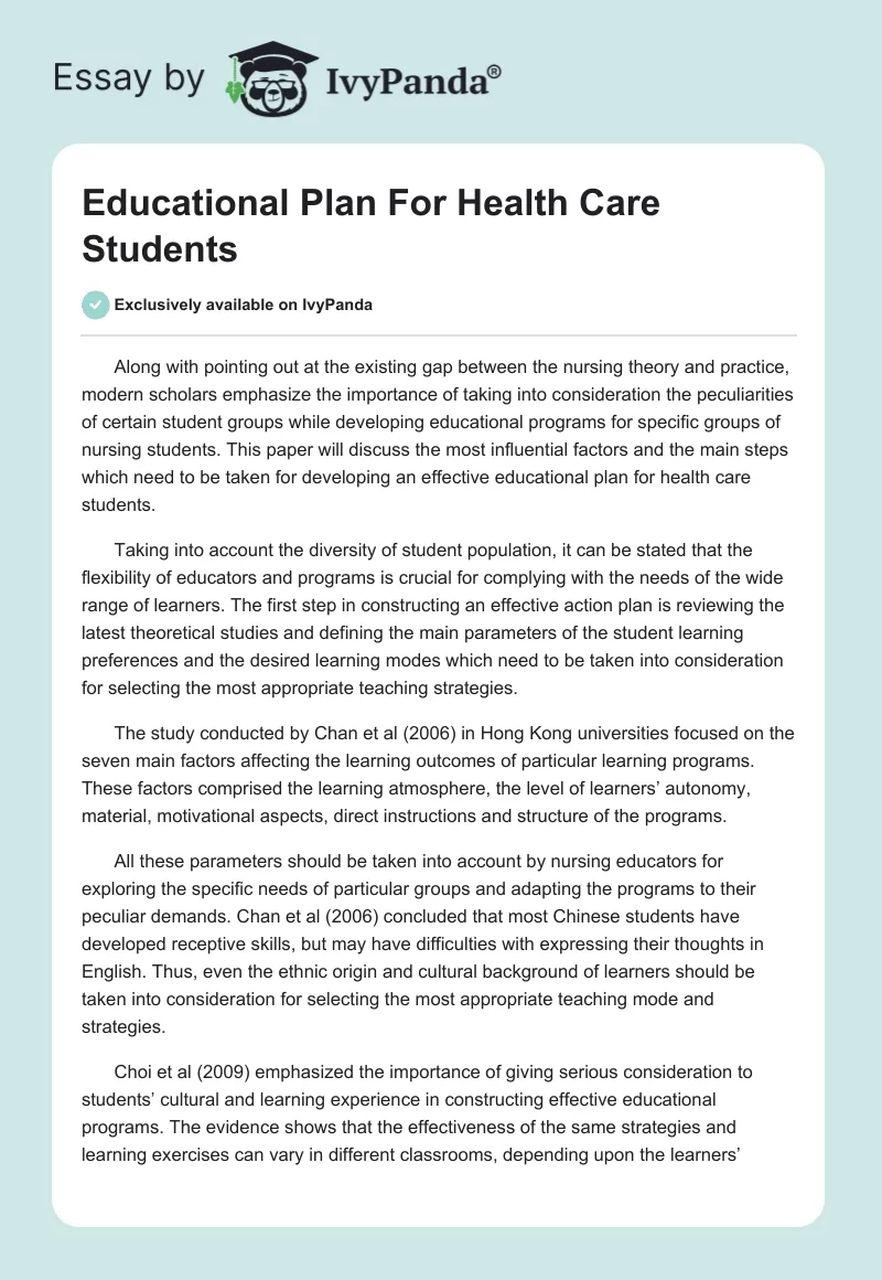 Educational Plan For Health Care Students. Page 1