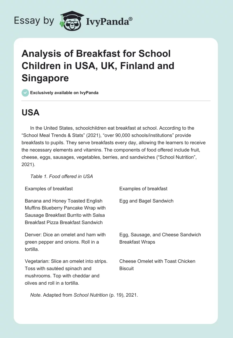 Analysis of Breakfast for School Children in USA, UK, Finland and Singapore. Page 1