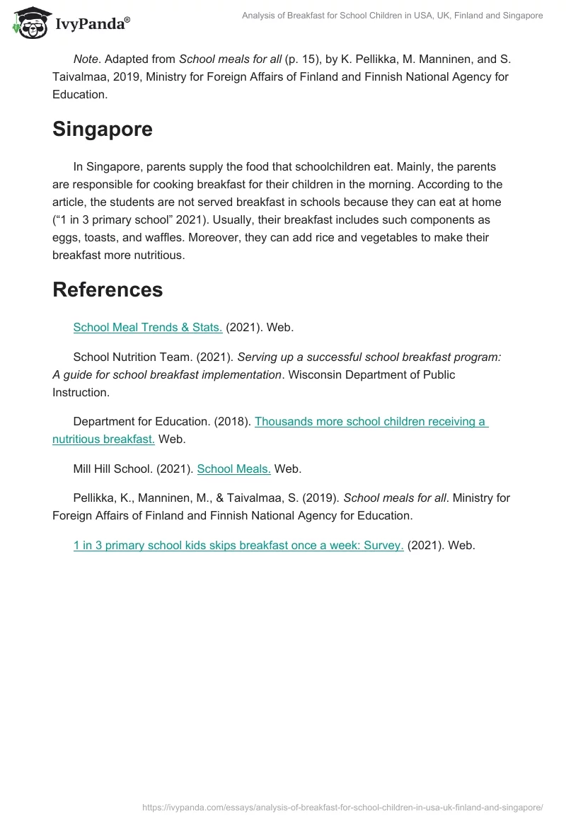 Analysis of Breakfast for School Children in USA, UK, Finland and Singapore. Page 3