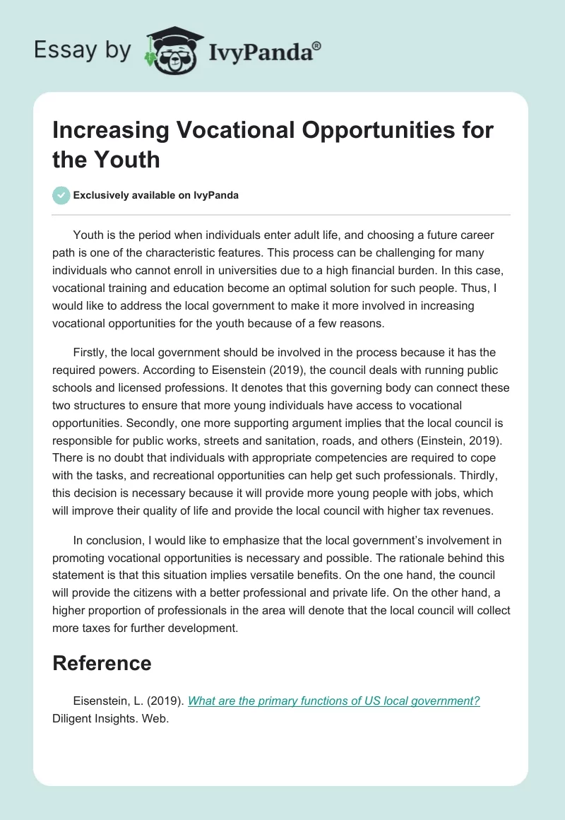Increasing Vocational Opportunities for the Youth. Page 1