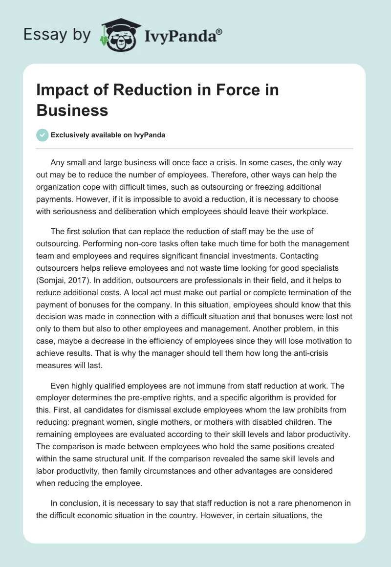 Impact of Reduction in Force in Business. Page 1