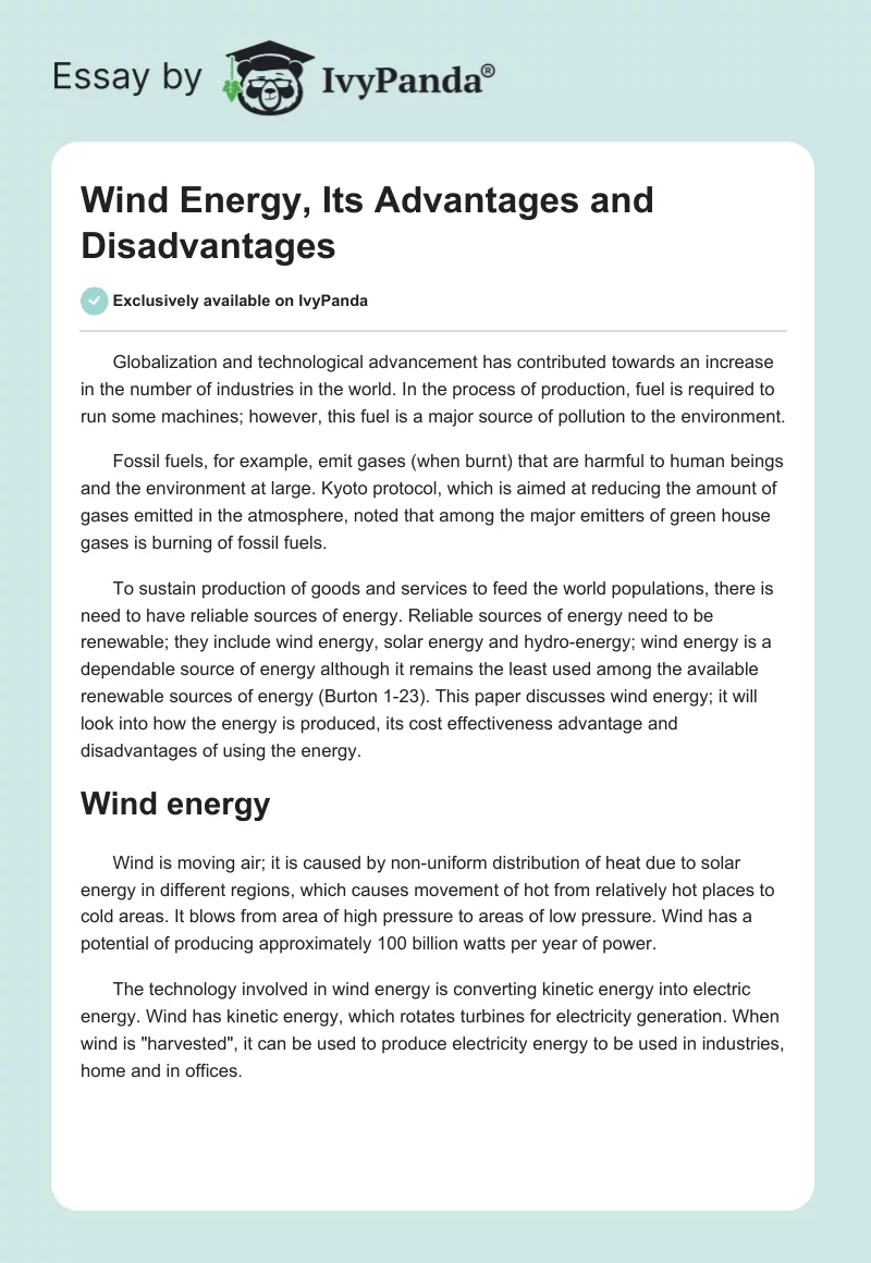 Wind Energy, Its Advantages and Disadvantages. Page 1