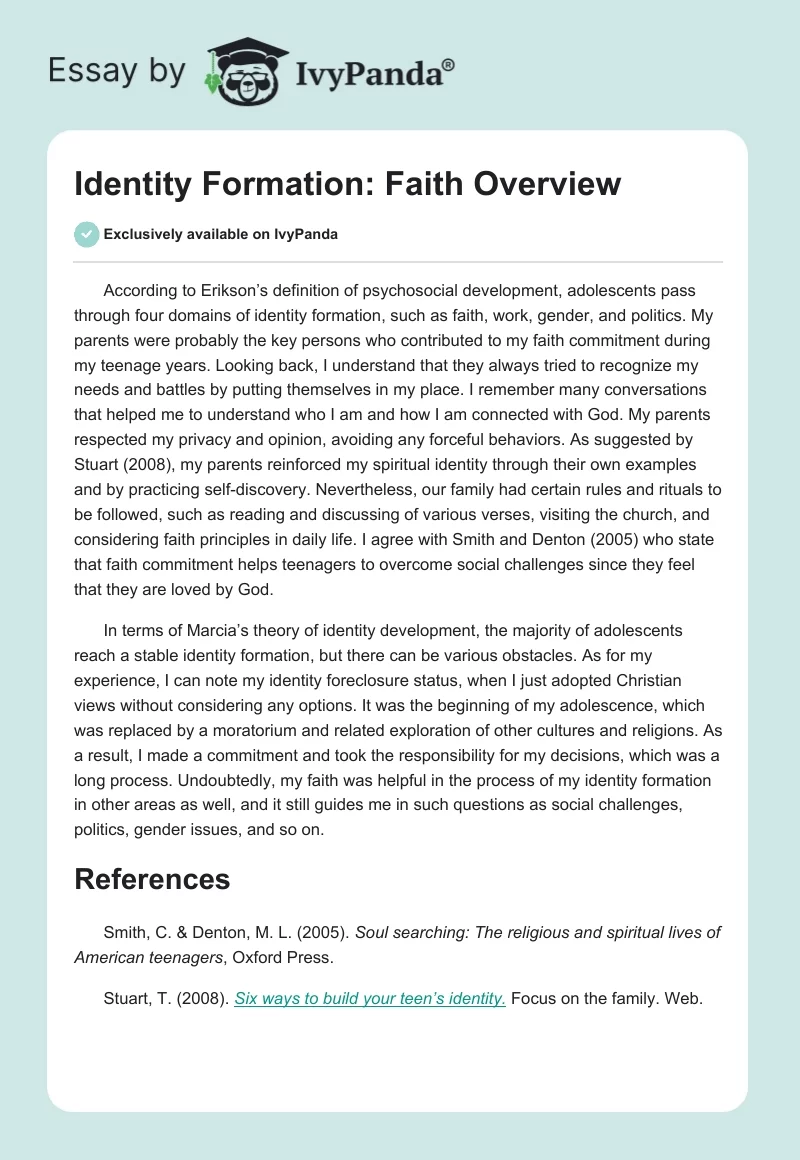 Identity Formation: Faith Overview. Page 1