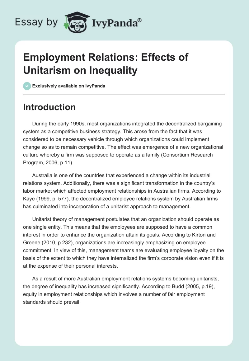 Employment Relations: Effects of Unitarism on Inequality. Page 1