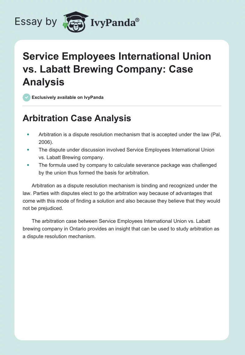 Service Employees International Union vs. Labatt Brewing Company: Case Analysis. Page 1