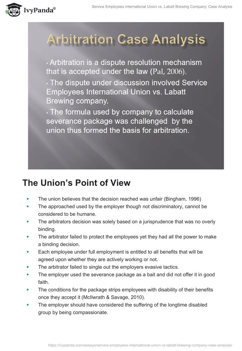 Service Employees International Union vs. Labatt Brewing Company: Case Analysis. Page 2
