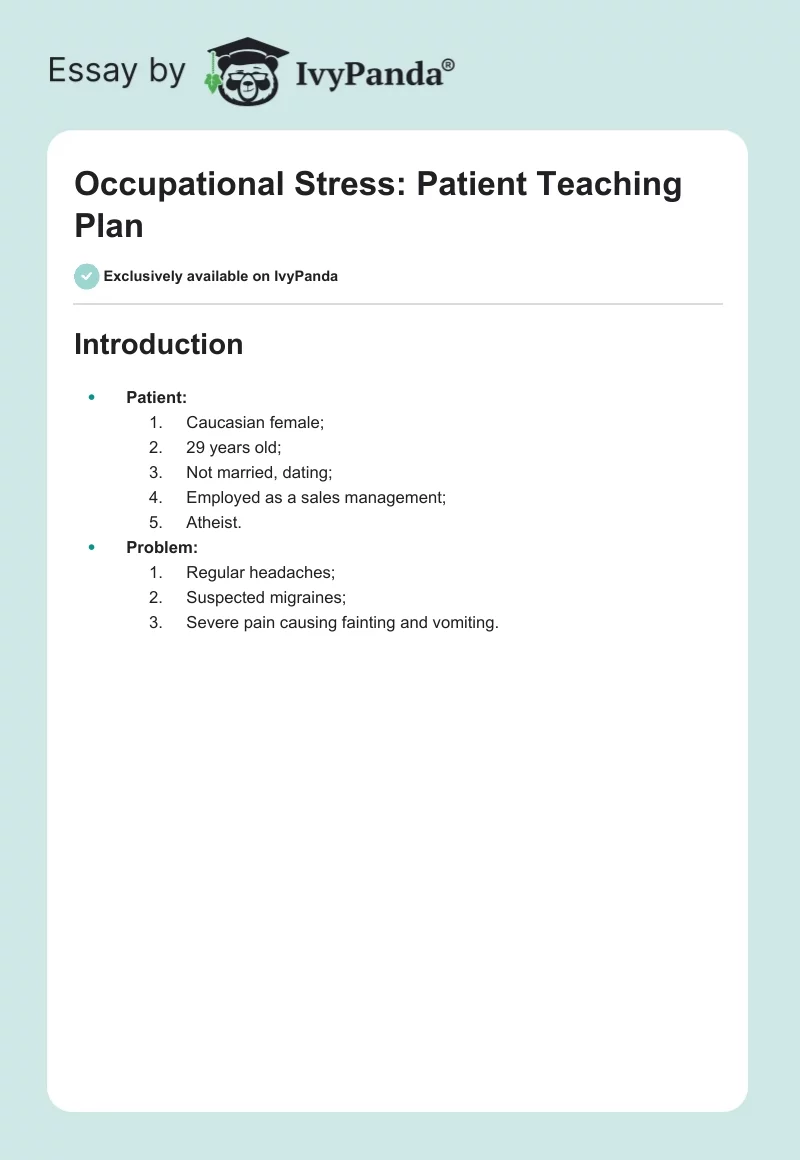 Occupational Stress: Patient Teaching Plan. Page 1