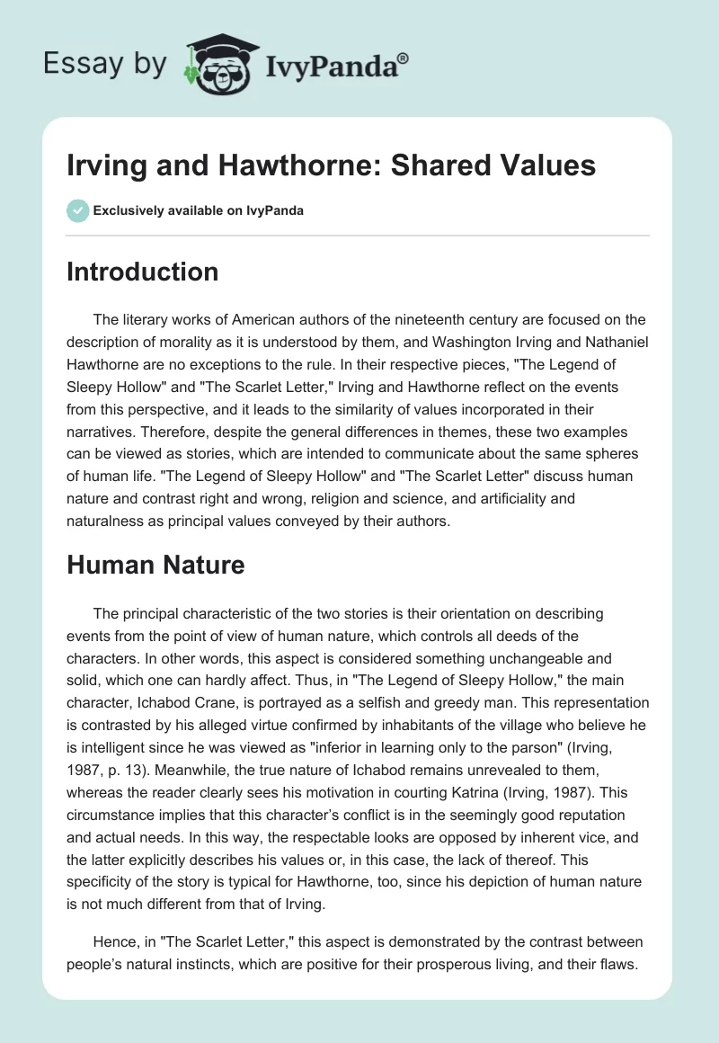 Irving and Hawthorne: Shared Values. Page 1