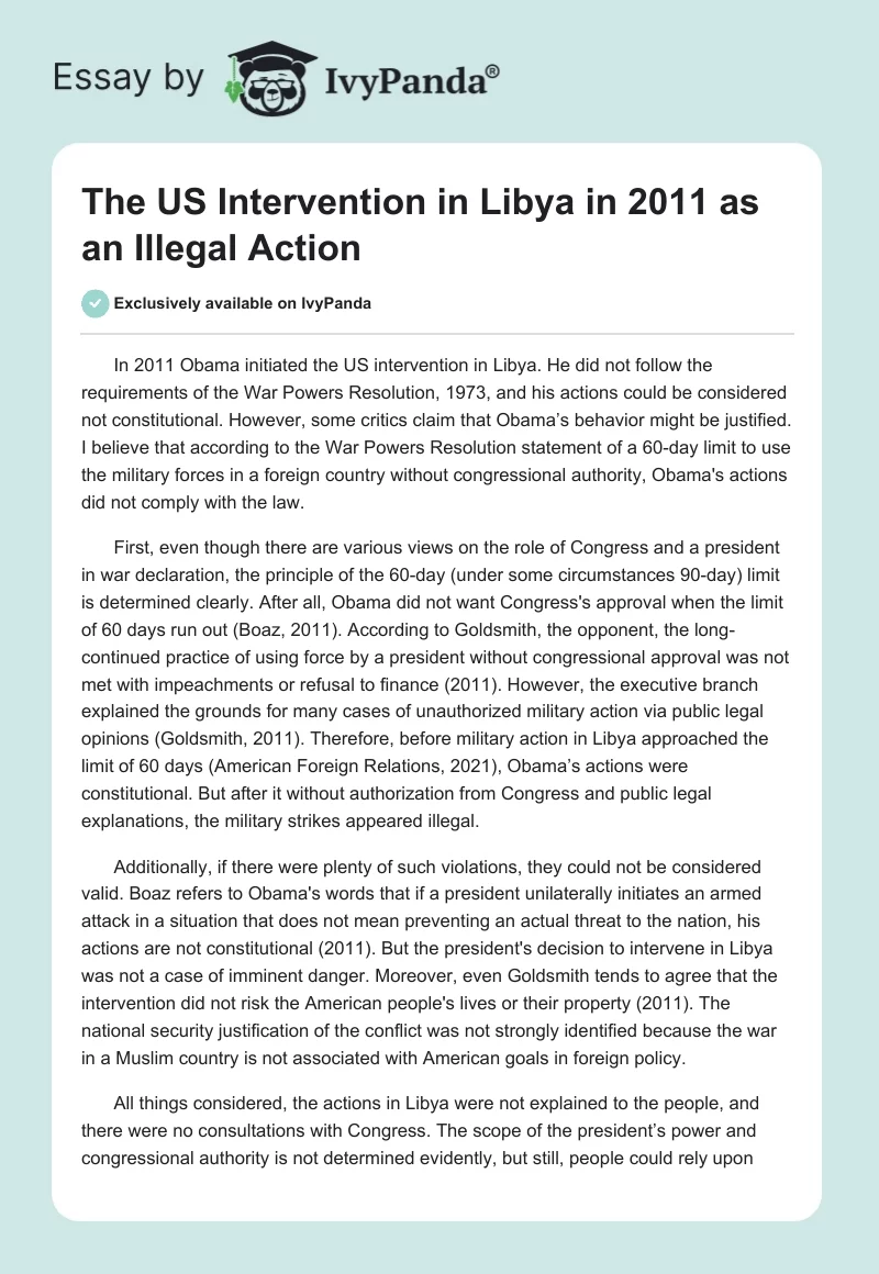The US Intervention in Libya in 2011 as an Illegal Action. Page 1