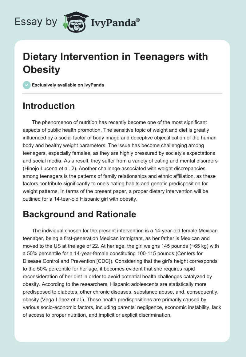 Dietary Intervention in Teenagers With Obesity. Page 1
