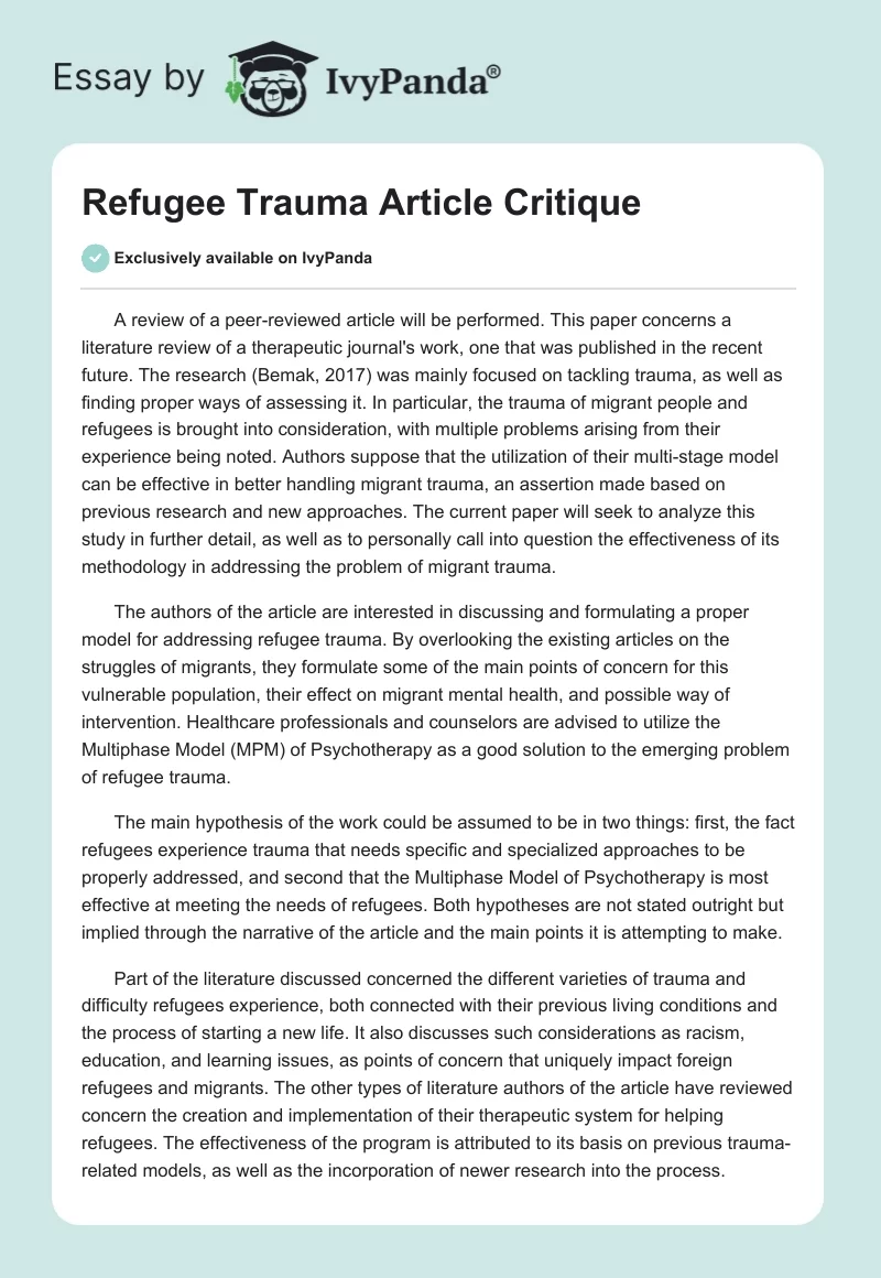 "Refugee Trauma" Article Critique. Page 1