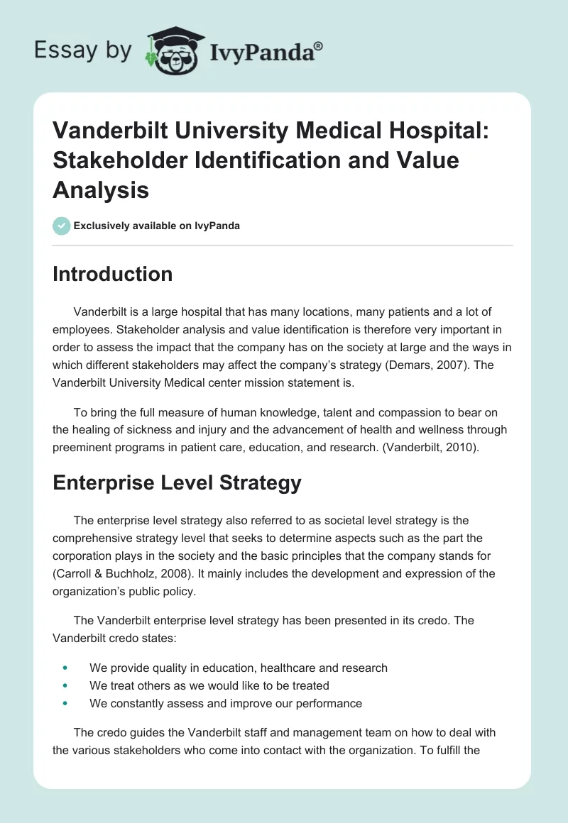 Vanderbilt University Medical Hospital: Stakeholder Identification and Value Analysis. Page 1